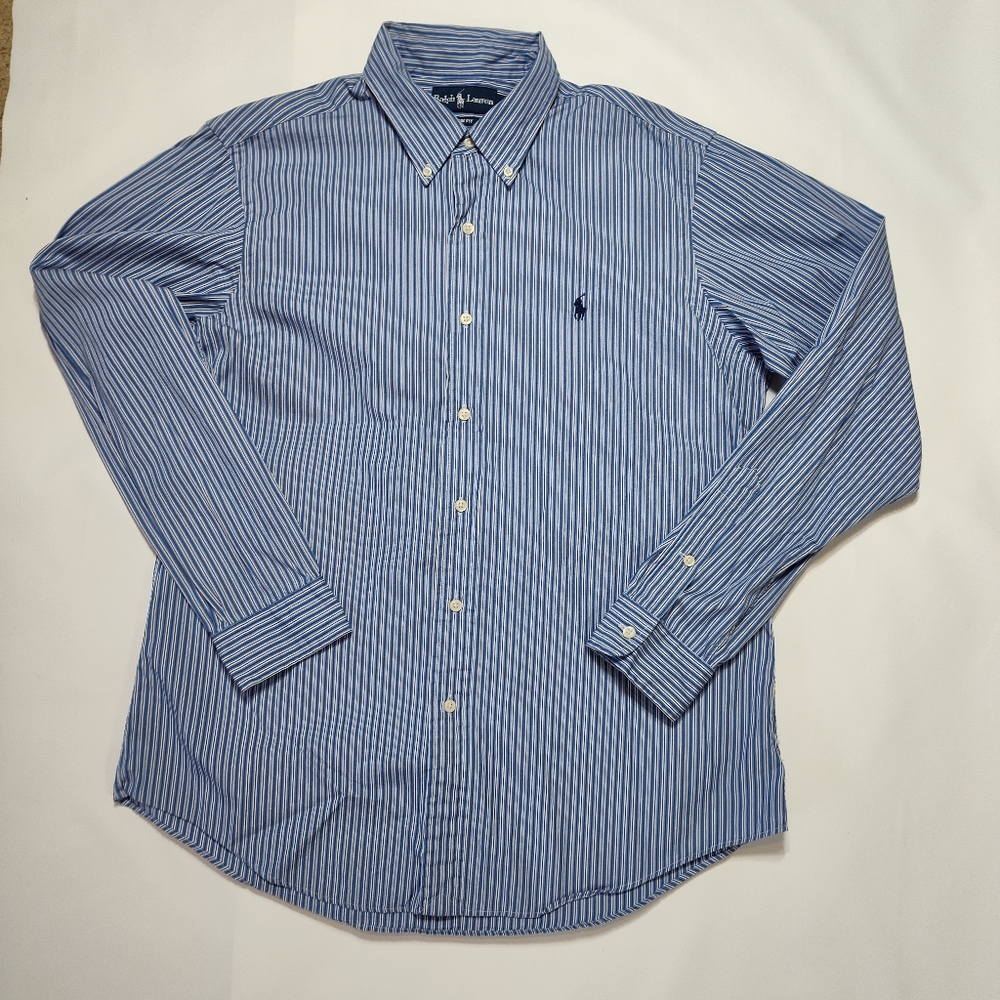 Ralph Lauren Men's Blue & White Long Sleeve Striped, Dress Shirt, Size Large